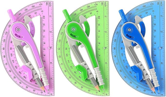 ZZTX Compass and Protractor Set for Geometry, 180-Degree Protractor and Compass for Students, Math Drawing Tools, 3 Colors