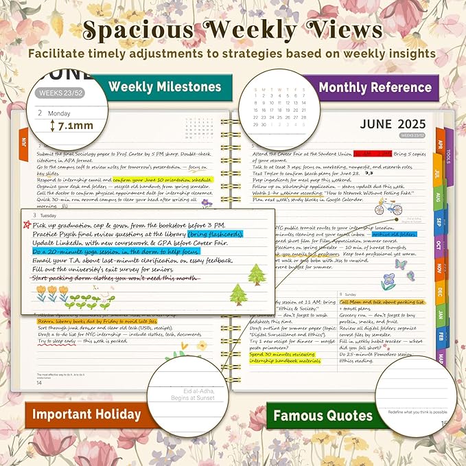 8.5 x11 Academic Planner 2025-2026, June 2025 - Dec 2026 Weekly and Monthly Planner with Colorful Tabs, 19 Months Hardcover College Daily Calendar Organizer for Student Teacher (Floral)