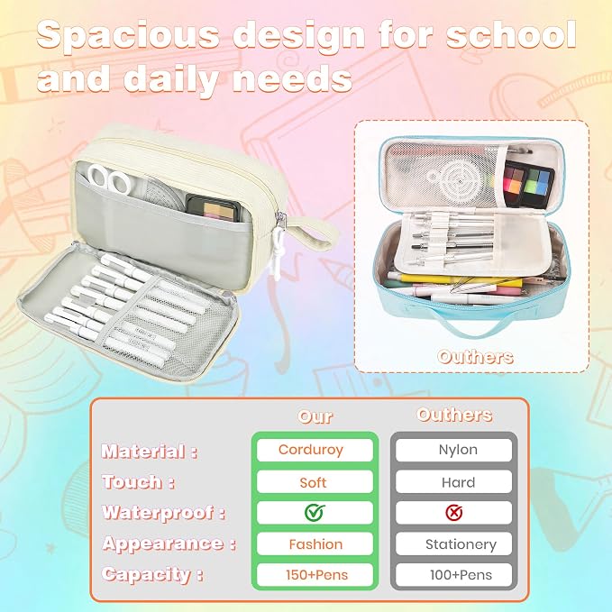 Big Capacity Pencil case,Soft Corduroy Pencil Bag with 3 Compartment,Pencil Pouch School Supplies Cute Pencil Box Pencil Bag for Teen Girls Boys College