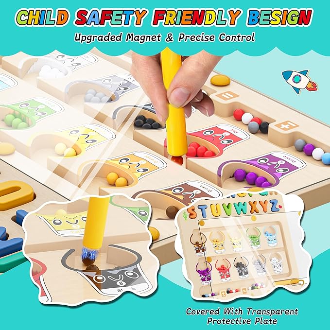 3 IN 1 Double Sided Montessori Toys- Magnetic Color and Number Maze, Toddler Wooden Alphabet Puzzles, Dry Erase Board, Preschool Learning Activities Toys for 3 4 5 6 Years Old Kids Girls Boys