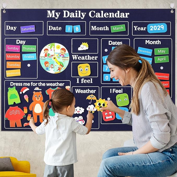 My First Daily Calendar-Preschool Classroom Must Haves, Circle Time Learning Center, Days of the Week Chart for Toddlers Learning, Classroom Calendar for Kids, 3.3Ft Felt Board for Toddlers