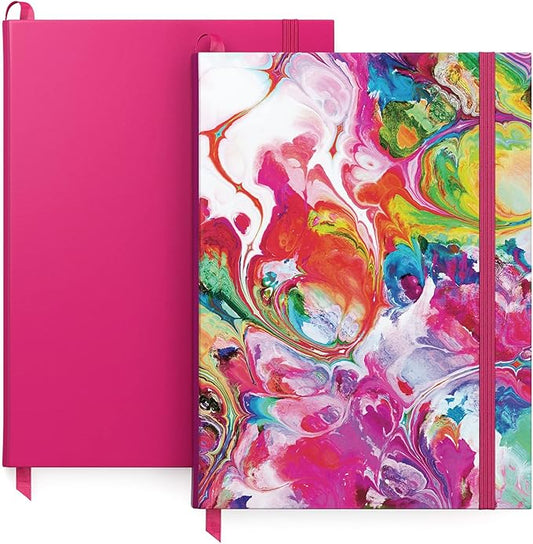 ARTEZA Dotted Journals, Set of 2, 6x8 Inches, 96 Sheets, Acrylic Pouring Design and Dark Pink, Aesthetic Notebooks with Smooth Paper