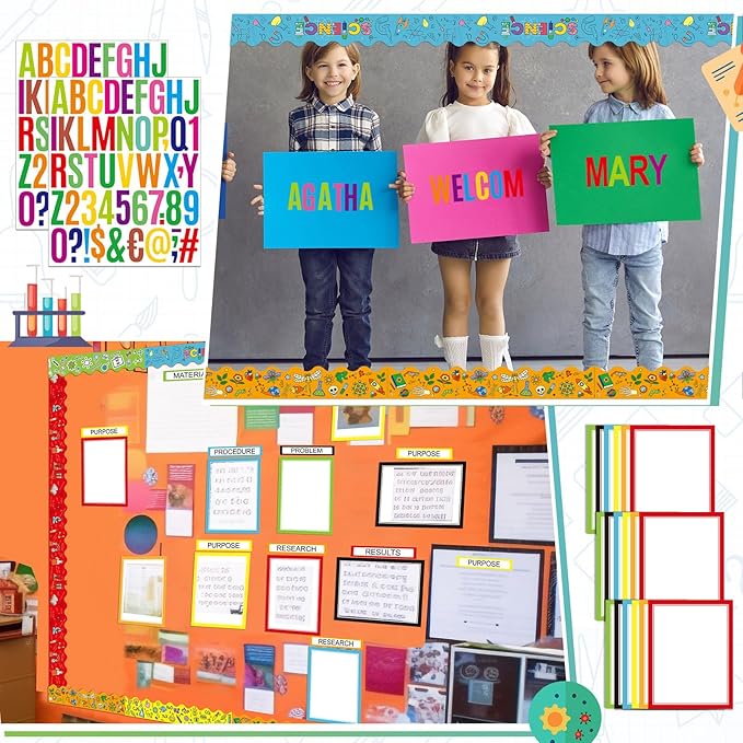 Sinload 92 Pcs Science Fair Board Supplies 60 Trim Scalloped Poster Boards 18 Presentation Subtitles 6 Project Titles 8 Letter Sticker for Classroom Display Boards(Multicolor,Science Lab)