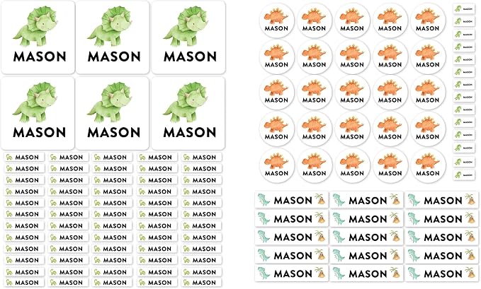 Andaz Press Custom Personalized Waterproof School Name Labels, Dinosaurs, 120-Pack, Kids Labels Combo Pack, Customizable Multi-Use Name Stickers for Preschool, Daycare, Back to School Supplies