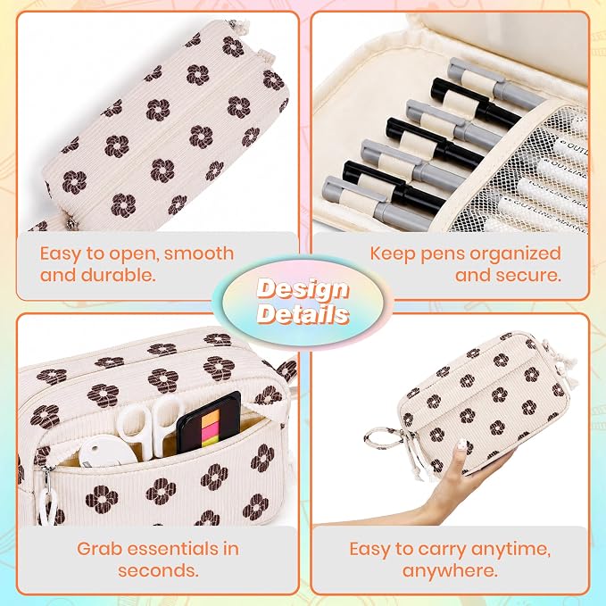 Big Capacity Pencil case,Soft Corduroy Pencil Bag with 3 Compartment,Pencil Pouch School Supplies Cute Pencil Box Pencil Bag for Teen Girls Boys College (Brown Floral)