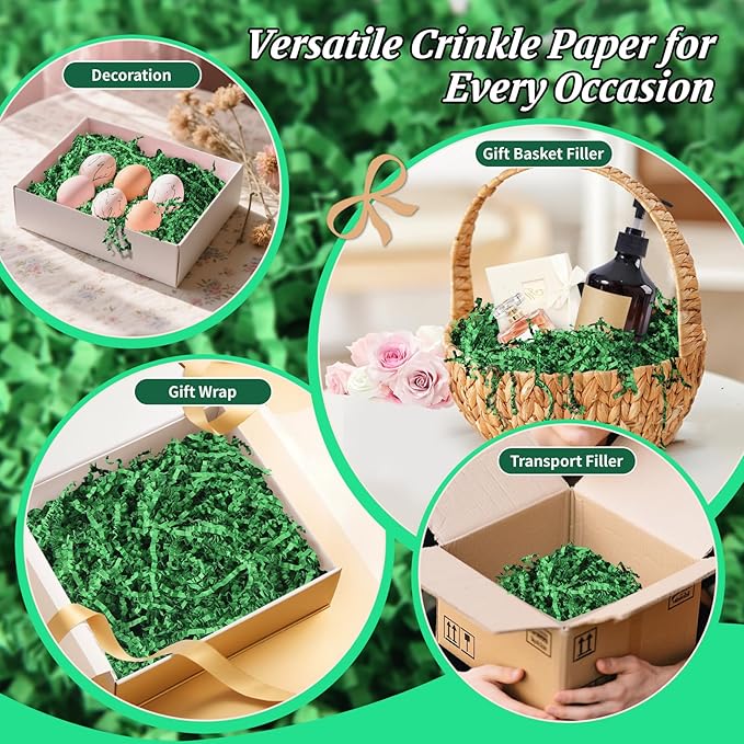 CANIYA 2.2 LB Green Crinkle Cut Paper Shred Filler, Shredded Paper Filling for Gift Basket, Filler Paper for Birthday, Wedding, Anniversaries
