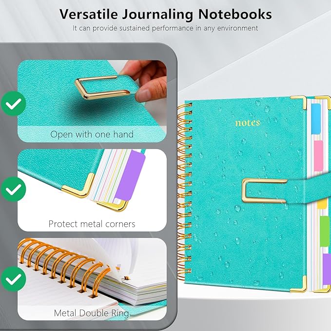 Hardcover Spiral Notebook College Ruled, 8"x10" Leather Journal Notebook with Magnetic Closure, 300 Pages 5 Subject Notebook with Dividers Tabs Journal for Women Men, Work, School(Blue)