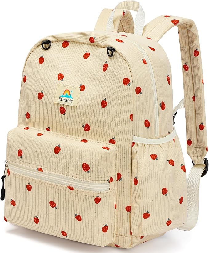 STEAMEDBUN Corduroy Kids Backpack for Girls and Boys 5-8: Girls Backpack for Elementary Kindergarten - 15 inch Cute Backpacks for Kids - Strawberry