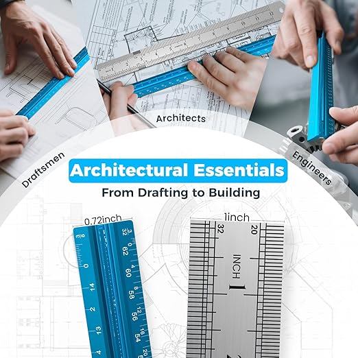 2 Pcs Architectural Scale Ruler 12 Inch, Aluminum Architect Ruler & Metal Ruler Set, Imperial Engineer Scale for Blueprints, Drafting Ruler for Architects, Students, Draftsmen, and Engineers (Blue)