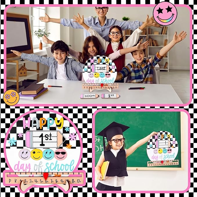 Kosiz First and Last Day of School Sign Black White Checkered Back to School Board Gifts Round Wooden First Day of Prek Sign Reusable Dry Erase 8''
