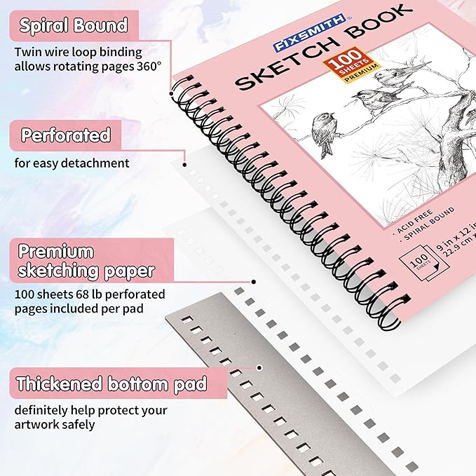 FIXSMITH 9"X12" Pink Sketch Book, 400 Sheets (68 lb/100gsm) Spiral Sketchbook, Acid Free Drawing Paper, Sketch Pad for Beginners,Artists & Professionals, Bright White