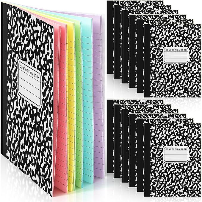 Henoyso 12 Pcs 120 Pages Colored Paper Notebooks 9.75" x 7.5" Bright Colors Lined Paper Notebook Wide Ruled Marble Notebooks Journals Bulk for Office School Supplies(Black)