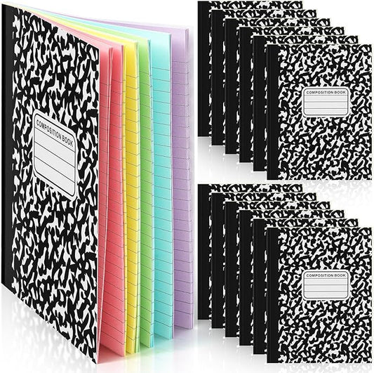 Henoyso 12 Pcs 120 Pages Colored Paper Notebooks 9.75" x 7.5" Bright Colors Lined Paper Notebook Wide Ruled Marble Notebooks Journals Bulk for Office School Supplies(Black)