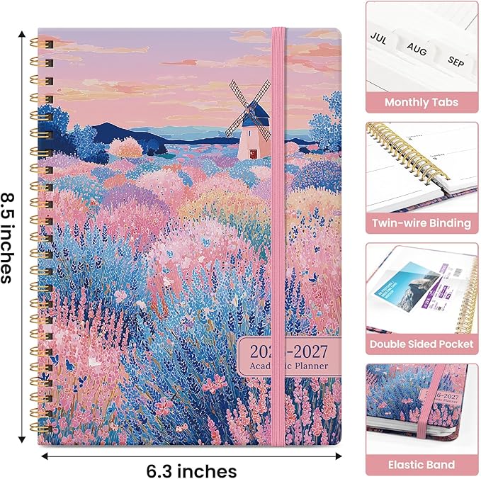 Planner 2026–2027, Academic Monthly Weekly Spiral Calendar, July 2026 – June 2027, Hardcover Agenda Notebook with Tabs, 6.3" x 8.5", Perfect for Students, Teachers, School & Daily Planning - Windmill Fields