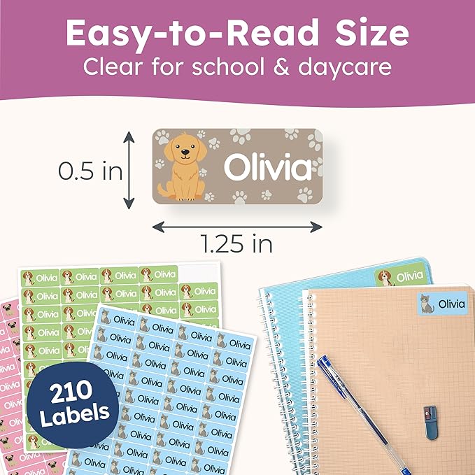 Personalized Name Labels for Kids (210 Labels) - Durable & Waterproof Custom Name Stickers for Clothing Tags, School Supplies, Camp & Daycare - Paws (1.2”x0.5”)