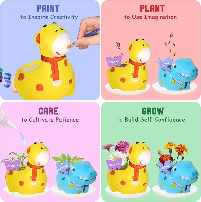 yasest Paint & Plant Flower Growing Kit for Kids - 4 Set DIY Animal Pattern Ceramic Painting Kit, Kids Gardening Set, Arts & Crafts for Ages 8-12, Birthday Gifts for 5 6 7 8 9 10 11 12 Year Old Girl