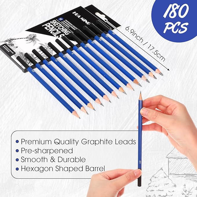 Humyoun 180 Pcs Graphite Sketch Pencil Set (8b - 5h) Professional Drawing Pencils Graphite Charcoal Gift Bulk for Beginners and Artists Art Sketching Supplies