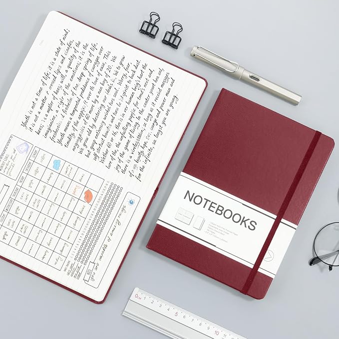 M&G Lined Journal Notebook, 160 Pages, A5 Medium Size 5.6" x 8" for Men Women, 100GSM Thick College Ruled Paper for Journaling, Writing, Work & Office, Leather Hardcover, Burgundy