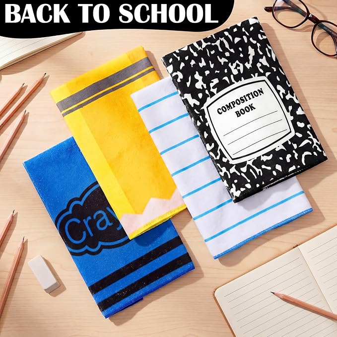 Frienda 4 Pcs Back to School Teacher Gift Kitchen Dish Towels 16x24'' First Day of School Classroom Decor Crayon Pencil Composition Notebook Decorative Hand Towel for Classroom Party Favor (Classic)