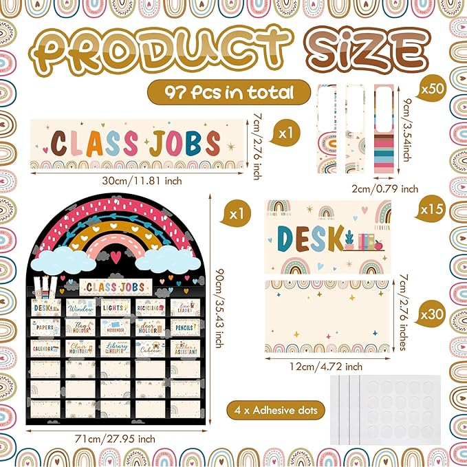 Pajean Class Jobs Pocket Chart Rainbow Pocket Chart with 96 Pcs Boho Cards Classroom Bulletin Board Set Teacher's Helper Hands Management Chalkboard Decor for Back to School Preschool Supplies