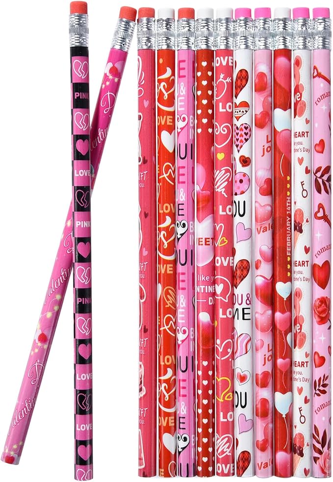 72PCS Valentine Wooden cased Pencils for Kids with Erasers, Wood Wedding Golf Pencils for School,Drawing,Gift (72PCS, Valentine's Day)