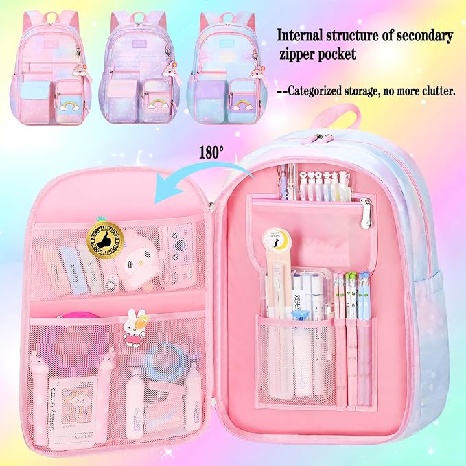 Jcobvig Rainbow Backpack For Girls Kids,Cute Student School Backpack With Pen Bag,Aesthetic Starry Rainbow Laptop Travel Bag