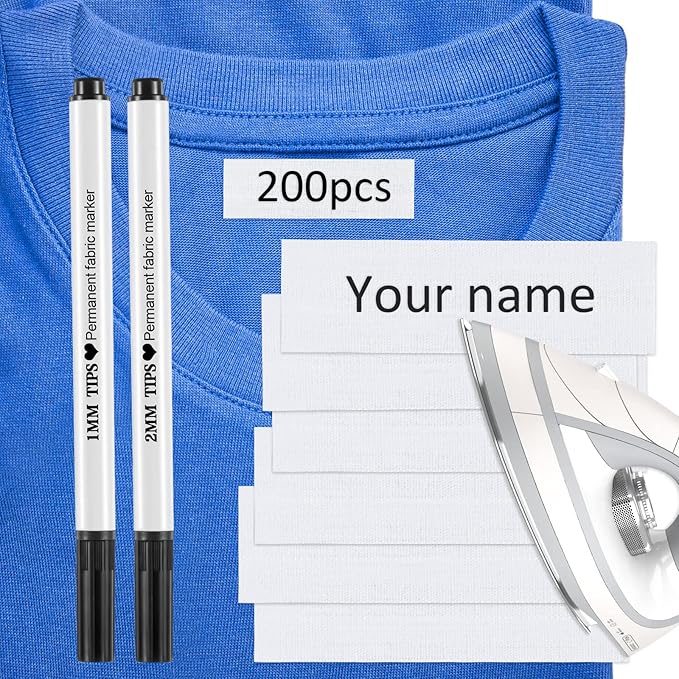 Tatuo 200 Pieces Iron on Name Tags for Clothing, Clothing Labels for Nursing Home, Name Fabric Labels Tags with Permanent Marker for Nursing Home College Camp Day Care Uniforms