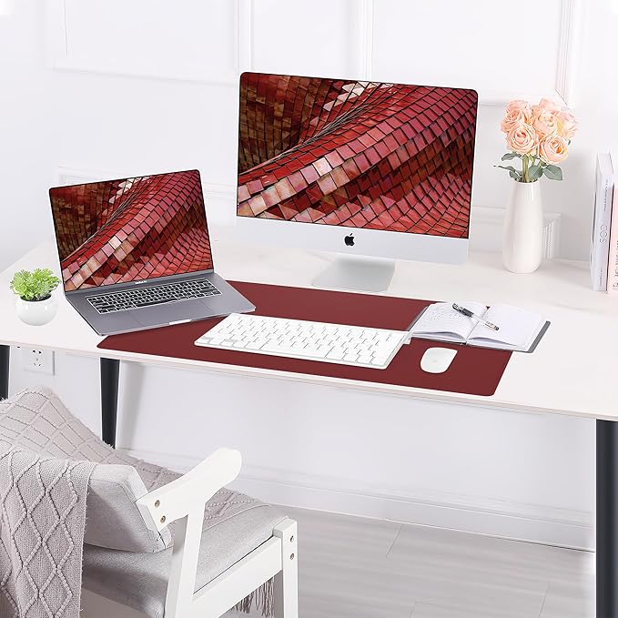 AFIING Leather Desk Pad Protector, Large Mouse Pad, Dual-Sided PU Leather & Natural Cork Desk Mat, Non-Slip Waterproof Laptop Desk Blotter for Office and Home, 23.6" x 13.7", Red