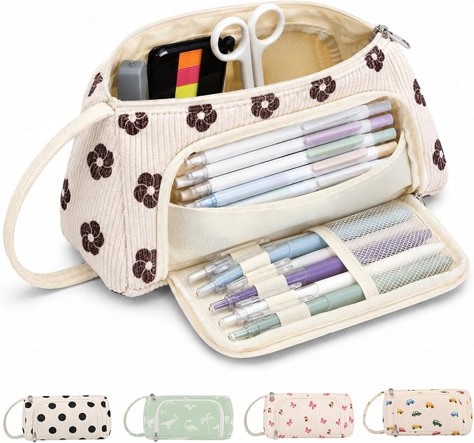 Big Capacity Pencil case,Soft Corduroy Pencil Bag with 3 Compartment Pouch Bag for School Supplies Office for Teen Girls Boys Women Man (Brown Floral)