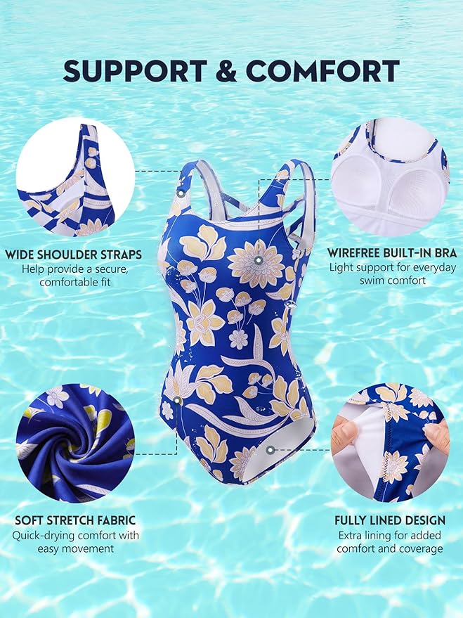Modest Full Coverage One Piece Swimsuit Floral Bathing Suit Criss Cross Back Swimwear with Built-in Bra