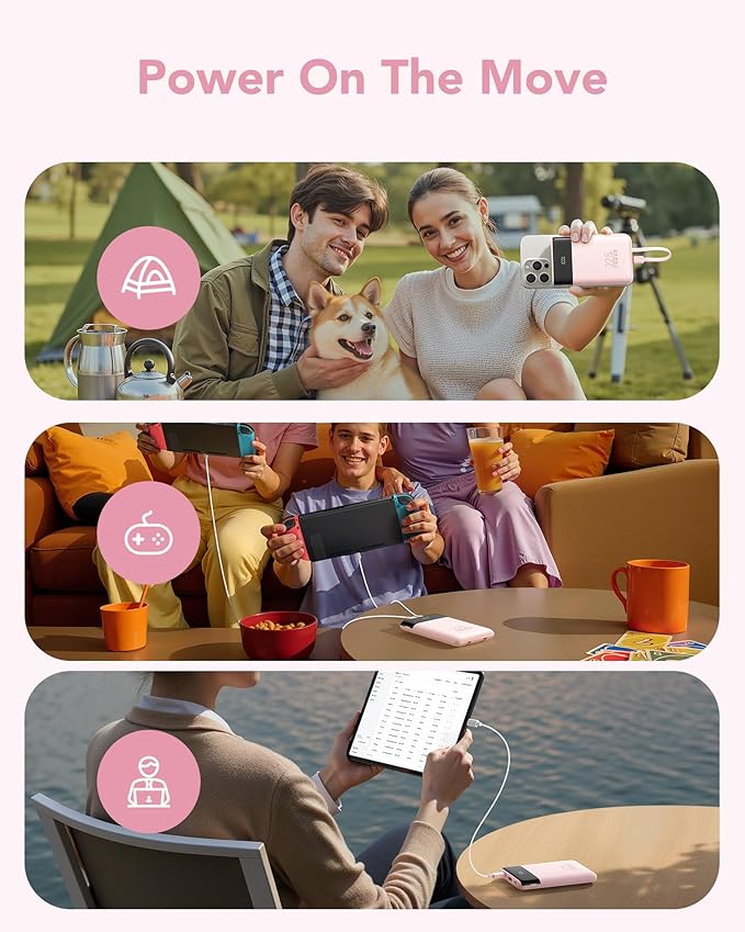 VEGER 22.5W Fast Charging Portable Charger, Slim 10000mAh Power Bank with Built-in Cables, Small USB C Battery Pack for iPhone iPad Samsung Galaxy Pixel LG Moto, Flight Safe, Travel Essential, Pink