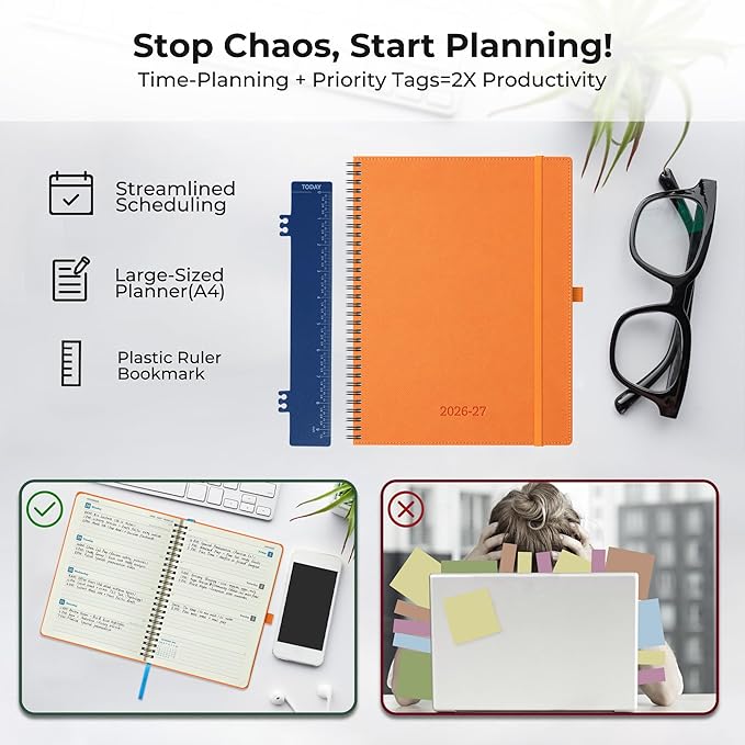 Planner 2026-2027 Daily Weekly and Monthly,11.5"x8.5",18 Months Spiral Bound Calendar Agenda with Self-adhesive Pen Holder,2026 Academic Plan with Vegan Leather Soft Cover,Orange