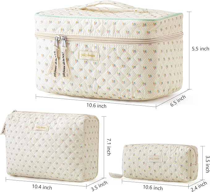 HBselect Quilted Makeup Bag, 3Pcs Cotton Large Travel Makeup Bags Organizer | Cute Floral Make up Bag Cosmetic Bag Toiletry Bag for Women Girls, Makeup Pouch for Skincare, Brushes & Travel Essentials
