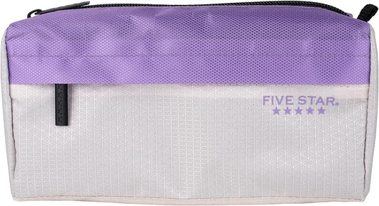 Five Star Pencil Pouch 9-Pocket Zipper Storage Organizer Case for Office Supplies Earbuds Chargers Cables Makeup, Tan/Purple (505600E)