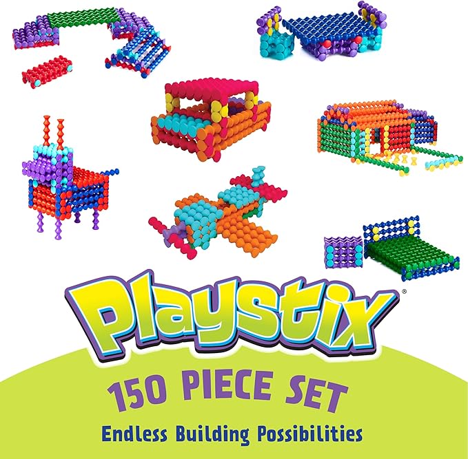 POPULAR PLAYTHINGS Playstix Construction Toy Set with Building Sticks for STEM and Classroom Use, for Kids Ages 4 and Up - 150 Piece Kit