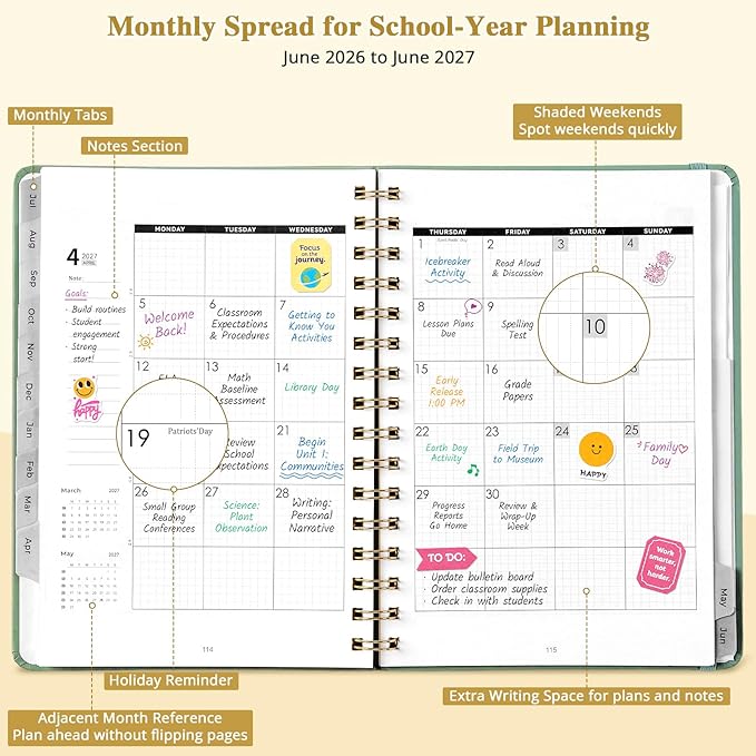 JoyCat 13-Month Academic Planner 2026-2027, June 2026 - June 2027, A5 Weekly & Monthly Planner, Hardcover Agenda with Tabs, 5 Sticker Sheets, Elastic Closure & Pocket for Teachers & Students, 6.3" x 8.5", Green
