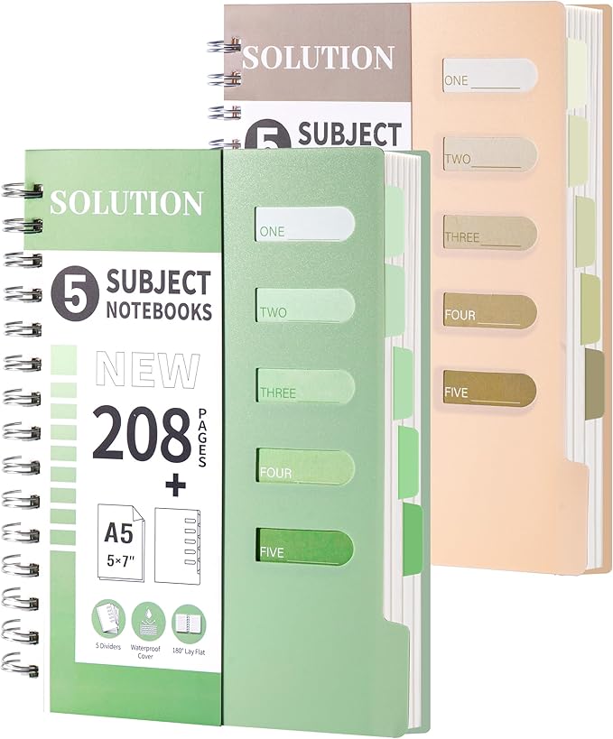 FLYING EAGLE 2 Pcs 5 Subject Notebook College Ruled Small Spiral Notebook 5x7 with Dividers Tabs Waterproof Plastic Cover Thick Paper Notebooks for Work School, Green+Orange