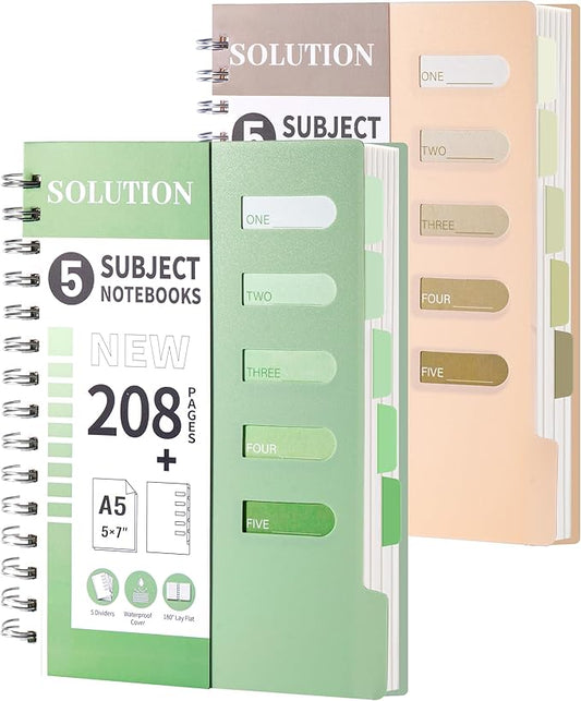 FLYING EAGLE 2 Pcs 5 Subject Notebook College Ruled Small Spiral Notebook 5x7 with Dividers Tabs Waterproof Plastic Cover Thick Paper Notebooks for Work School, Green+Orange