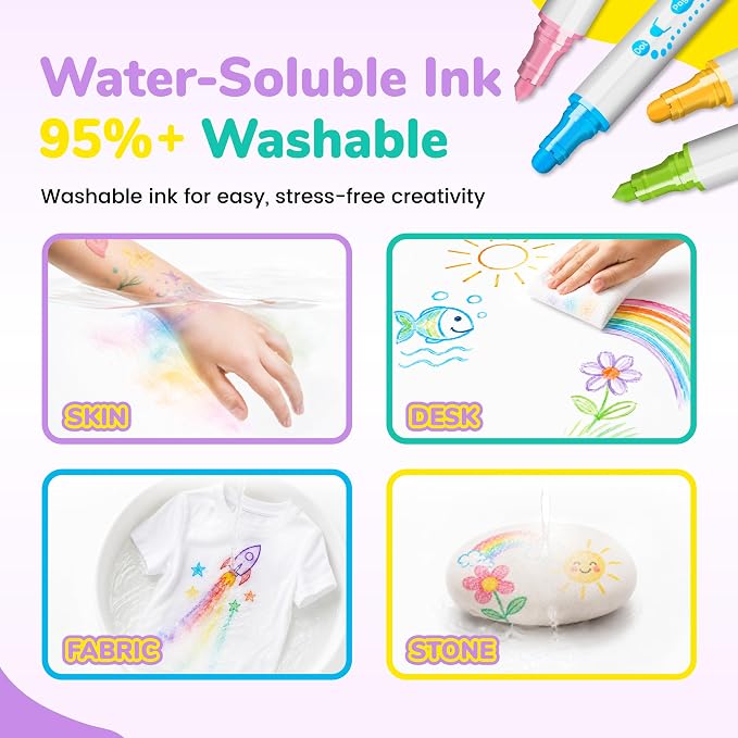 Pagather Washable Markers, 24 Colors Dual Tip Dot & Conical Pens for Kids