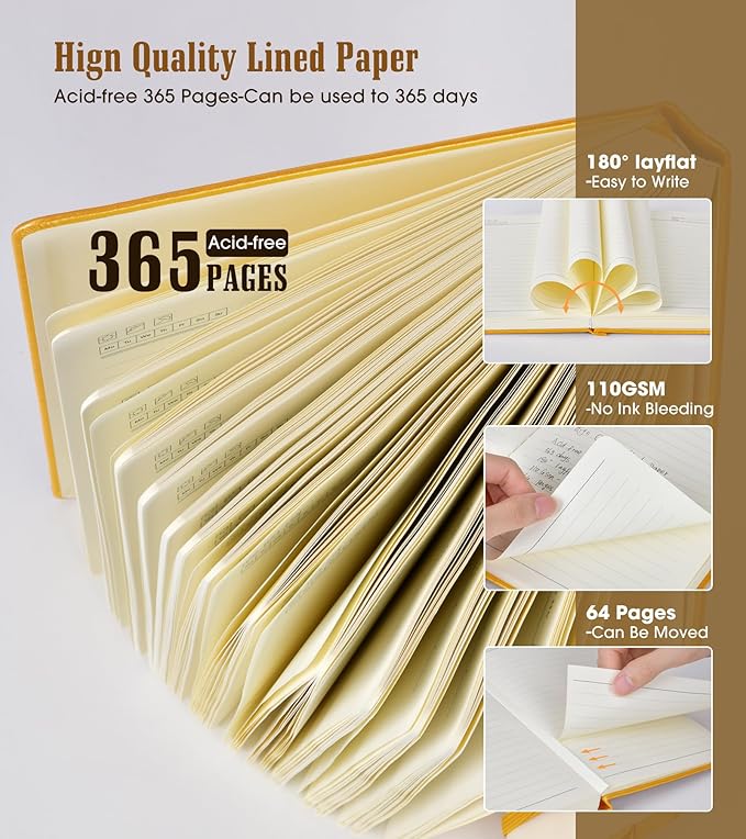Lined Journal Notebook, 365 Pages B5 Journals for Writing College Ruled Notebook, Hardcover Leather Journal for Women Men, Daily Notebook for Work, Note Taking,100Gsm Thick Paper( 7.6'' X 10'' Yellow)