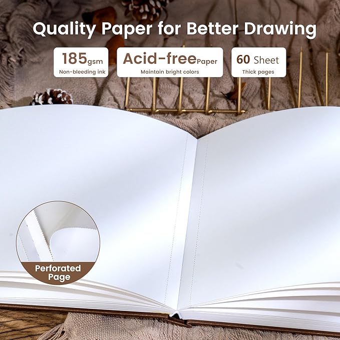 CAGIE Hardcover Sketch Book for Drawing, Mixed Media Sketchbook 120lb/200 GSM, 9" x 12" Lay-Flat Large Sketchbook, Sketch Pad for Artist Drawing, Boxed for Gifts, 60 Sheets/120 Pages, Brown