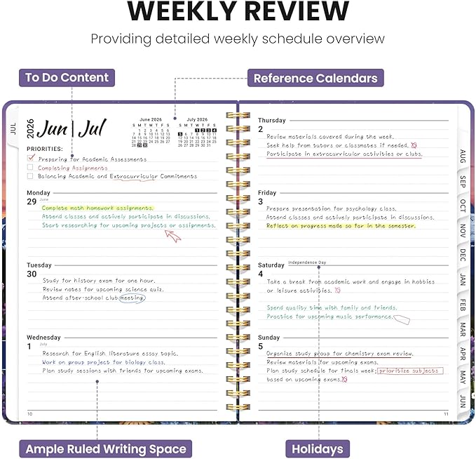 Planner 2026-2027, Monthly and Weekly Academic Planner July 2026 - June 2027, Hardcover Student Teacher Planning Agenda Calendar Book with Tabs, Perfect for Office School Supplies, A5 (6.3" x 8.5") - Moonlit Blooms