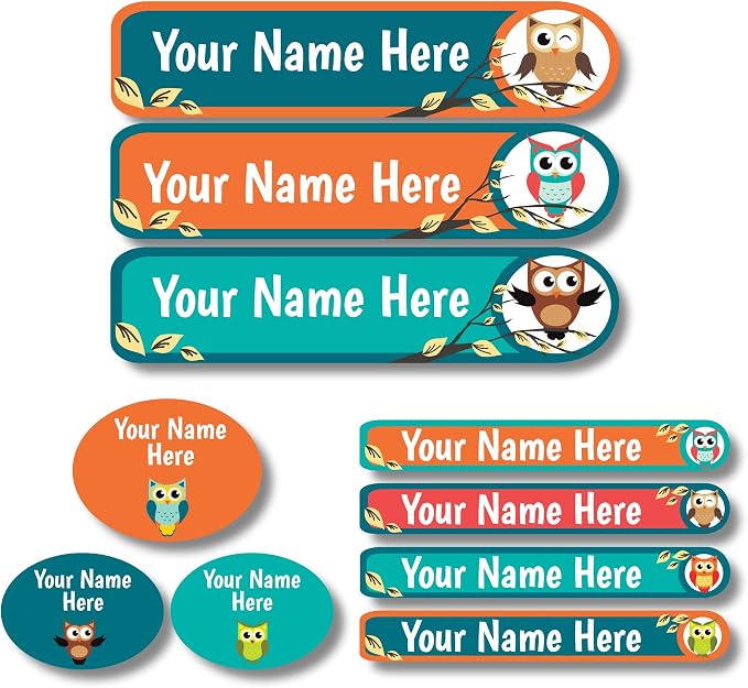 Lovable Labels Personalized Labels for Kids (85 Labels/Pack) - 3 Label Sizes Waterproof Dishwasher Safe Peel & Stick Labels for School Supplies Daycare Camp Clothing Bottles (What A Hoot)