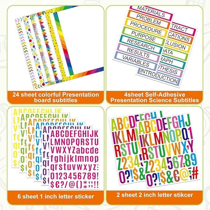 PerKoop 36 Sheets Science Fair Board Poster Boards Supplies 24 Self Adhesive Presentation Subtitles 4 Science Fair Project Titles 8 Personalized Letter Sticker for Classroom(Rainbow Color)