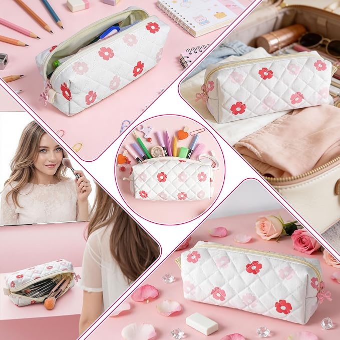 Cute Quilted Pencil Case for Girls Women, Aesthetic Small Floral Pencil Pouch,Slim Soft Pencil Bag for School Supplies Makeup Pouch for School & Daily Use (Big Pink Floral)