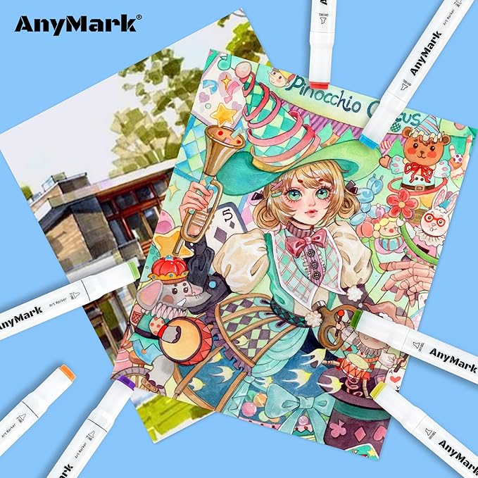 AnyMark Alcohol Markers, 60 Colors Dual Tip Art Coloring Markers Set for Adult Book Drawing Sketching Painting, Chisel & Fine, White Penholder