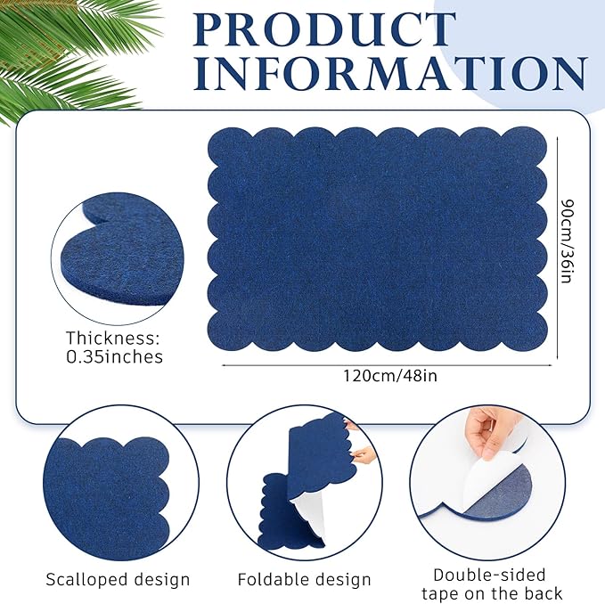 Mooliwe Scalloped Felt Bulletin Board 48 x 36 Inches Foldable Dark Blue Pin Cork Board Alternative for Wall, 4' x 3' Trifold Picture Vision Self Adhesive Bulletin Decorative