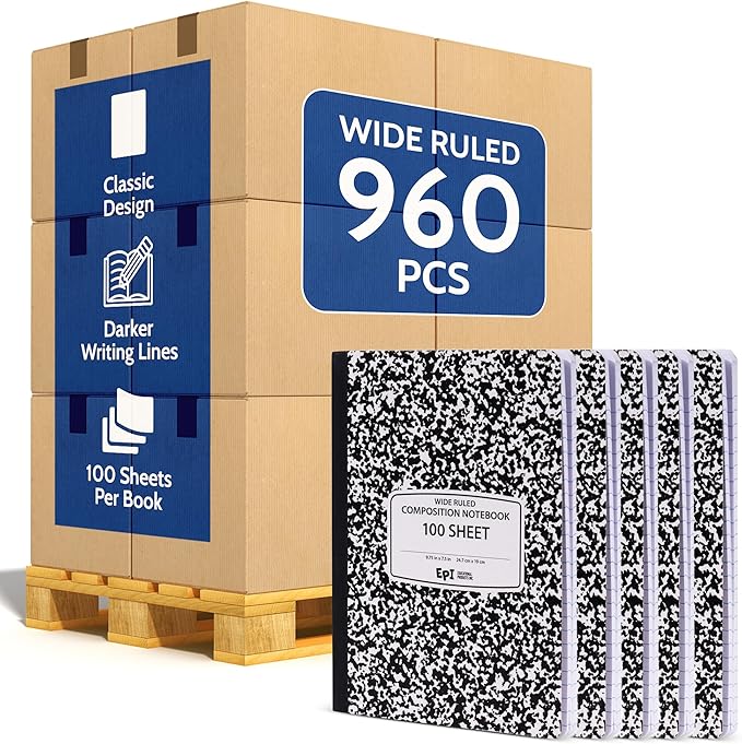 960 Pack (Pallet) EPI Wide Ruled Composition Notebook Bulk, 200 pages (100 Sheets), 9-3/4 x 7-1/2, Black Marble, Bulk School Supplies, Heavy Duty, Durable Office Notebooks, Sturdy Sewn Binding