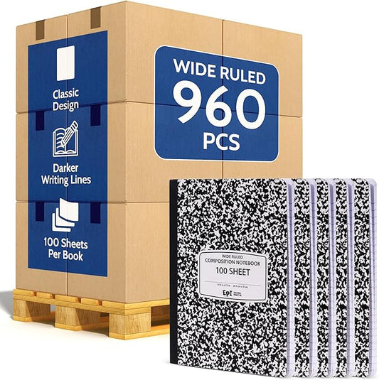 960 Pack (Pallet) EPI Wide Ruled Composition Notebook Bulk, 200 pages (100 Sheets), 9-3/4 x 7-1/2, Black Marble, Bulk School Supplies, Heavy Duty, Durable Office Notebooks, Sturdy Sewn Binding