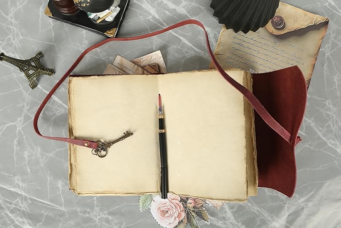 Leather Journal with Unlined Deckle Edge Paper 8x6 inch and Vintage Key | Handmade Writing Notebook Diary | Bound Daily Notepad for Men & Women Medium, Sketch/Writing pad for Artists